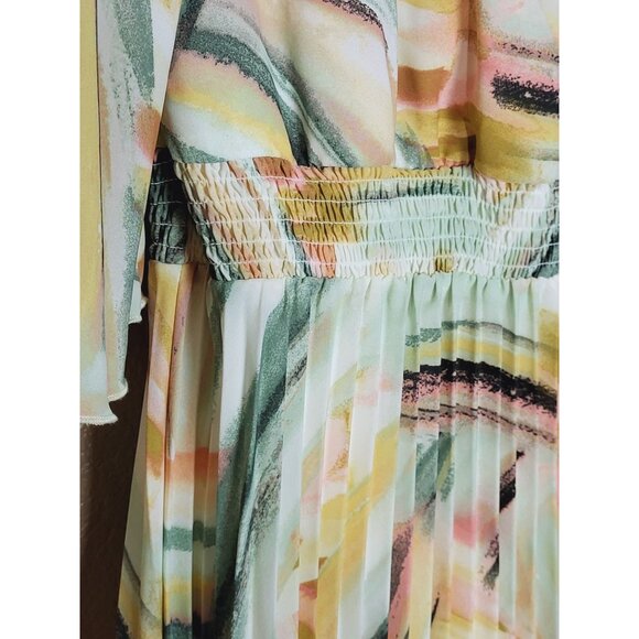 Signify Womens Multicolor Pleated Midi Dress With Flutter Sleeves & Smocked Wais - Picture 4 of 11